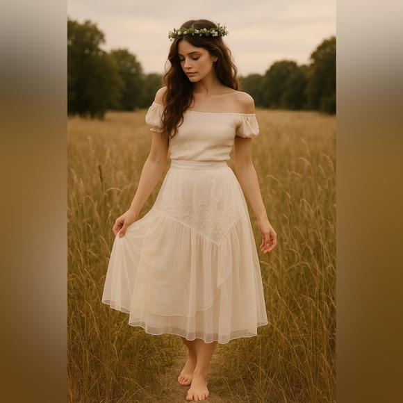 Vintage Dresses & Skirts - Vintage 90s Raindrops Sheer Embroidered Midi Skirt | M | Romantic Boho